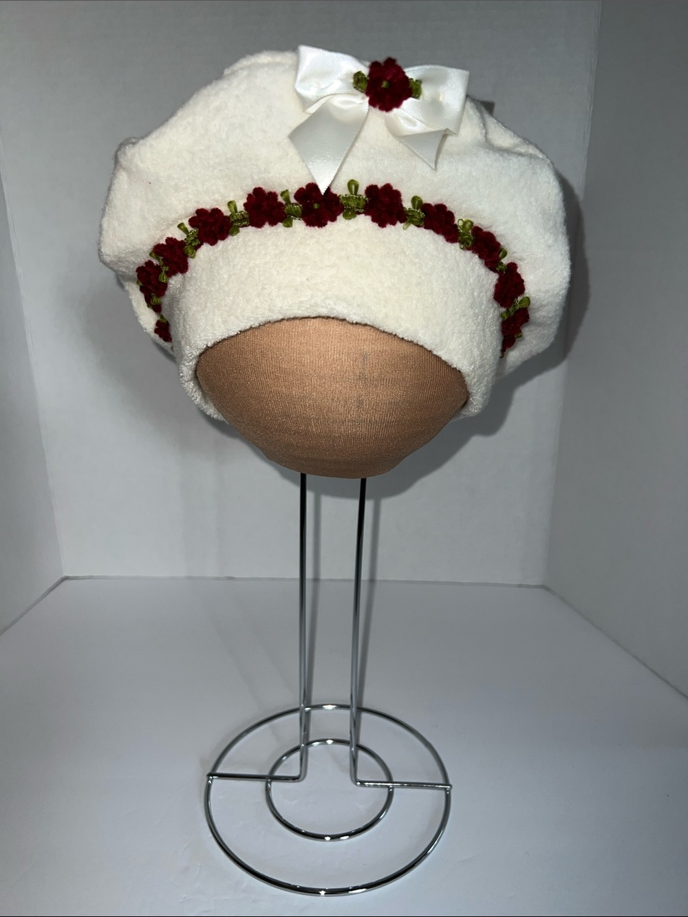 Cream Beret with Red Floral Trim and Bow